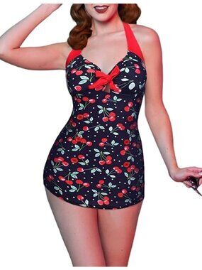 Retro Pinup Cherry Print Halter Swimsuit – Vintage One‑Piece, Size Small push-up